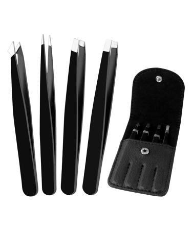 Sularpek 4 Pcs EyebrowsTweezers Professional Tweezers Set Stainless Steel Eyebrow Tweezers with Leather Case Tweezer Set for Ingrown Hair for Eyebrows Plucking for Facial Hair Women & Men