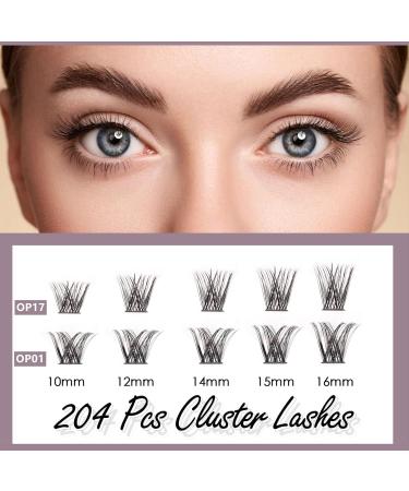 DIY Individual Cluster Lash Extension Kit with Bond and Seal Remover Tweezers | 204 Pcs 10-16mm Natural Light C/D Curl False Eyelashes | Beginner at Home - OP01+OP17 - Buy Online on SooperMarket.com