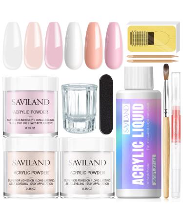 Saviland Acrylic Nail Kit - Clear/Nude/Pink Acrylic Powder and Liquid Set with Acrylic Nail Brush Cuticle Oil for Long-Lasting Professional DIY Acrylic Nail Art Beginner-Friendly Acrylic Nail Kit