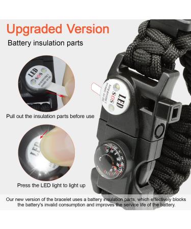 NVioAsport 20-in-1 Survival Paracord Bracelet with SOS LED Light, Fire Starter, Compass, Whistle Ideal for Camping, Hiking, Fishing | Adjustable Gear Kit in Black - Buy Online on SooperMarket.com
