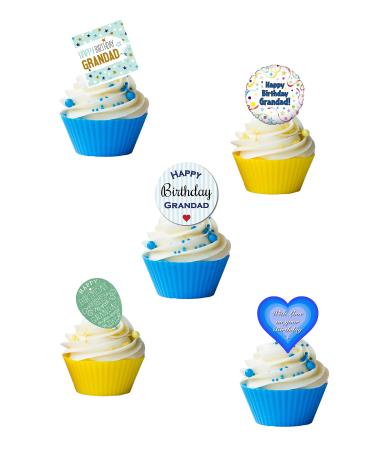 24 Stand Up Happy Birthday Grandad Themed Edible Wafer paper Cake Toppers Decorations