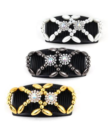 Kytpyi Hair Combs Slides for Women Hair Combs for Women 3 PCS Magic Elastic Beaded Hair Comb Slides Double Sided Clips Hair Comb for Women Girls DIY Hair Styling Hair Accessories for Daily Life Flowers A