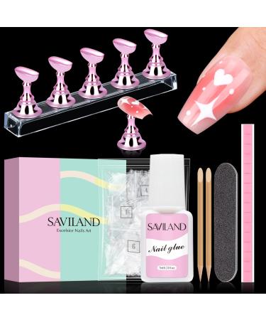 SAVILAND Nail Stand Press On 500Pcs Gel Nail Tips Fake Nails With Nail Glue Air Dry Short Coffin Ballerina Nail Holder For Painting Nail With Adhesive Putty Clay DIY At Home Manicure Tool Gift For Women