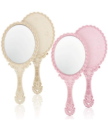 Jetec 2 Pieces Vintage Handheld Mirror Portable Embossed Flower Mirror Hand Held Decorative Mirrors Compact Mirror with Handle for Face Makeup Travel Personal Cosmetic Salon Mirror (Pink, Cream)