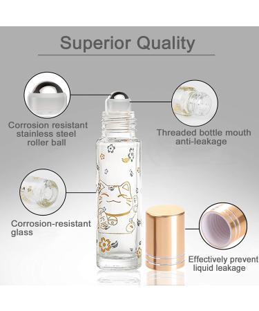Alledomain 10Pcs 10ml Essential Oils Roller Bottles Clear Glass Roll on Bottles with Lucky Cat Pattern & Stainless Steel Rollers & Gold Cap for Aromatherapy - Include 12 Labels Dropper & Opener Golden - Buy Online on SooperMarket.com