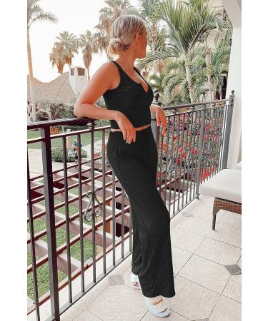 PRETTYGARDEN Women's Summer Casual Two Piece Outfit | Tank Top & Ribbed Knit Long Pants Set | Black Medium Tracksuit - Buy Online on SooperMarket.com