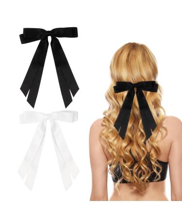 2 Pack Hair Bows for Women White Bow Hair Clips French Barrette with Long Silky Satin Hair Ribbons for Women Girls(White Black)