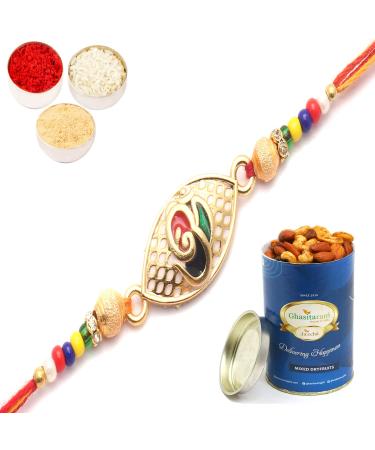 Ghasitaram Gifts Rakhi for Brother Rakhis Online - The Divine Colourful Blessings of Om Rakhi with 100 GMS of Dryfruits Mix Can Rakhi Set with 100 gms of Dryfruits Mix Can