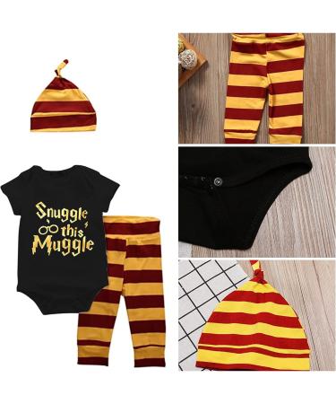 Baby Boys Girls Snuggle This Muggle Bodysuit Set 6-9 Months | Black Short Sleeve Outfit with Striped Pants & Hat - Buy Online on SooperMarket.com