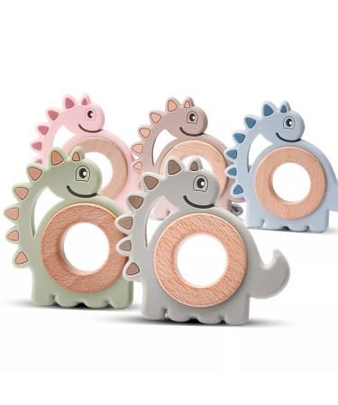 Dinosaurs bite ring for baby nature wood & silicone blue - cake stuff dental aid & greifring - baby toys bite ring as a gift for birth - wooden toys sustainable bpa -free pollutant -free