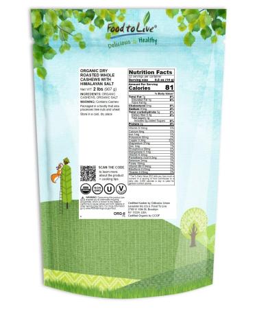 Organic Dry Roasted Whole Cashews with Himalayan Salt 2 lbs - Vegan, Non-GMO, Kosher, High Protein Snack - Buy Online on SooperMarket.com