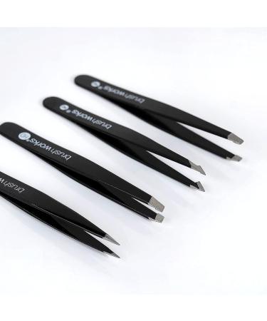Brushworks HD 4 Piece Combination Tweezer Set - Black | Precision Eyebrow Grooming Kit - Buy Online on SooperMarket.com