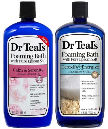 Dr Teal's Foaming Bath Combo Pack (68 fl oz Total), Detoxify & Energize with Ginger & Clay, and Calm & Serenity with Rose Essential Oil. Treat Your Skin, Your Senses, and Your Stress.