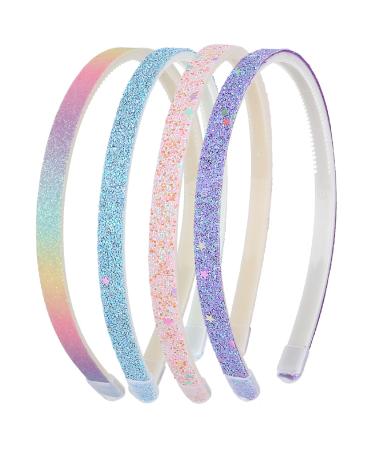 WLLHYF Glitter Headband 4pcs Plastic Sparkly Cute Non Slip Chunky Hairbands Thick Bling Confetti Rainbow Hair Bands with Teeth Little Girls Colorful Hair Accessories solid color stars