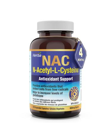 Herba NAC Supplement 600mg 120 Vegetable Capsules | N-Acetyl-L-Cysteine | NAC Supplement 600 mg for Antioxidant | Premium & Pure | Made in Canada | 120 Capsules