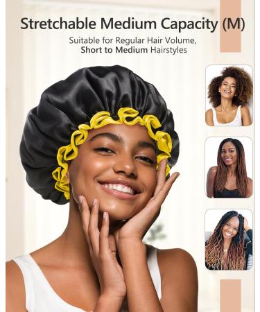 Mikimini Black Shower Hoods for Women Men & Girls - 2 Pack Waterproof Reusable Double-Fold Shower Hats with Soft PEVA Lining - Comfortable Medium Size Black & Yellow - Buy Online on SooperMarket.com