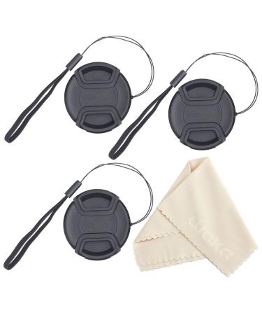 waka Unique Design Lens Cap Bundle, 3 Pcs 55mm Center Pinch Lens Cap and Cap Keeper Leash for Canon Nikon Sony DSLR Camera + Microfiber Cleaning Cloth 55 mm