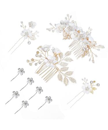 White Bridal Hairdressing Set 4 Pieces with 6 White Hair Pins Wedding Accessories Bridal Hair Pin Combs Floral Hair Pins Jewelry