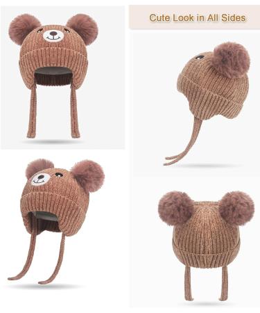 Cute Bear Kids Winter Hat | Dual Pom-Pom Chenille Knitted Warm Hat for Boys & Girls | Fleece Lined Earflap Cap for Toddlers 1-5 Years - Grey - Buy Online on SooperMarket.com