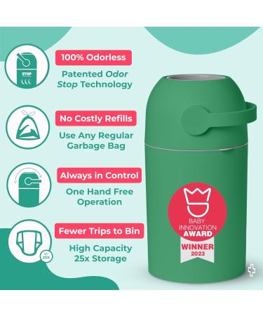 Baby Diaper Pail Patented Odor-Stop System Use Any Garbage Bag One Hand Free Lever Roll of Bag incld (Grass Green) - Buy Online on SooperMarket.com