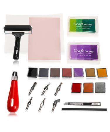 Patioer 18 Pcs Rubber Stamp Making Kit Block Print Tool Set Linoleum Cutter with 6 Type Blades, Tracing Paper, Rainbow Ink Pad, Pink Rubber Carving Block, Brayer Roller for Stamp Carving Crafts