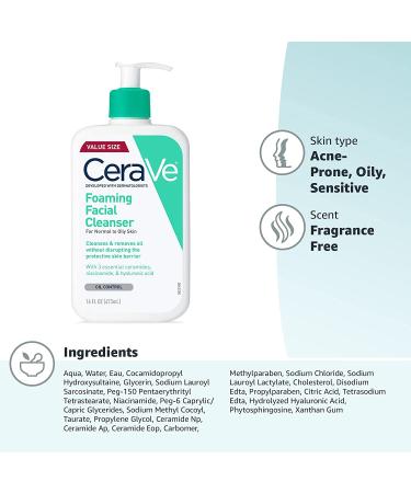 CeraVe Foaming Facial Cleanser - 16 fl oz for Normal to Oily Skin | Deep Clean & Hydrate - Buy Online on SooperMarket.com