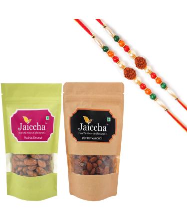 Jaiccha Ghasitaram Rakhi Gifts for Brothers Rakhi Dryfruits - Pack of 2 Peri Peri Pudina Almonds Pouches Small 200 GMS with 2 Rudraksh rakhis