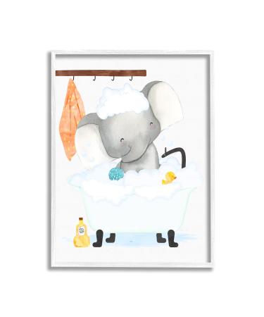 Stupell Industries Children's Baby Elephant Bubble Bath Rubber Duck Bathroom White Framed Wall Art