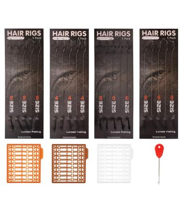 Luroad Carp Fishing Hair Rigs, 20 Pcs Curved Barbed Carp Hook Anti-Tangle Swivel Braided Thread line with 3 Card Boilie Bait Stops Dumbell Stoppers and Stringer Needle Barbed Mixed (2# 4# 6# 8#)