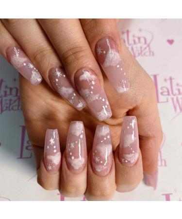 24pcs Cloud False Nail Long Coffin Fake Nails Nude Cloud Ballerina Nail Tips for DIY Nail Art Salon Women Girls
