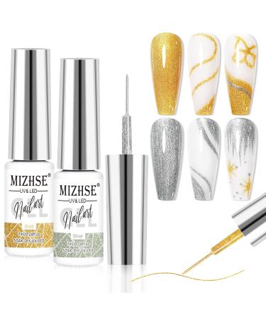 MIZHSE Gel Liner Nail Art Polish Set Glitter Gold and Silver Gel Painting For Nails Art Swirl Nails Design Dotting Painting French Manicure Kit 7Ml Glitter Silver&gold 7 ml (Pack of 2)