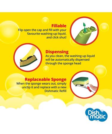 Dishmatic Fillable Washing up Brush and Sponge with Bonus Refill - Easy Grip Dish Cleaner and 6X General Purpose Refills - Buy Online on SooperMarket.com
