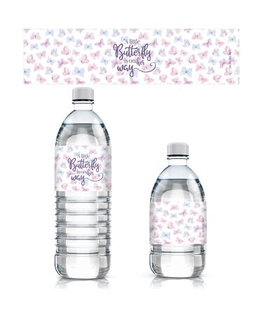 Butterfly Girl Baby Shower Water Bottle Labels - A Little Butterfly is on Her Way - It's a Girl Pink and Purple Waterproof Wrappers - 24 Count