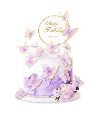 11-Pieces Purple Gold Butterfly Cake Toppers Happy Birthday Metal Gold Happy Birthday Cake Topper Butterfly Birthday Cake Decorations Cake Butterfly Party Decorations