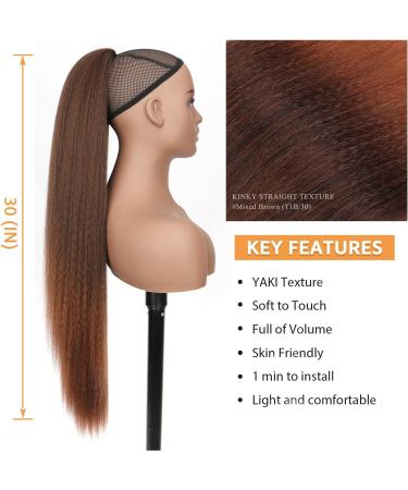 PORSMEER 30 Inch Yaki Straight Drawstring Ponytail Clip In Extensions for Women Kinky Straight Pony Tail Extensions Hair Extensions Ponytail (Black mixed brown) - Buy Online on SooperMarket.com
