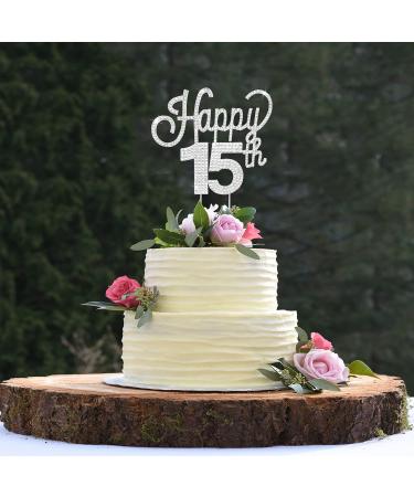LINGTEER Happy 15th Birthday Silver Rhinestone Cake Topper - Cheers to 15th Birthday Party Decorations - Buy Online on SooperMarket.com