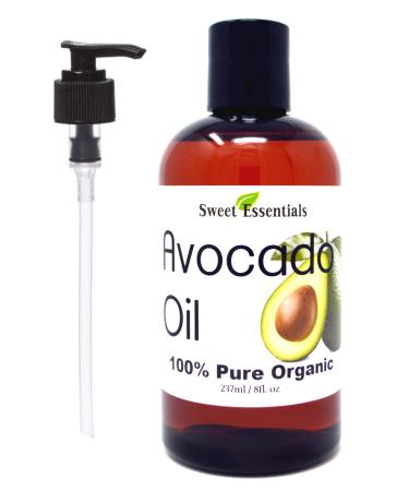 Sweet Essentials Premium Organic Avocado Oil 8oz with Pump Imported From Italy 100% Pure NON-GMO Cold Pressed Food Grade Golden in Color