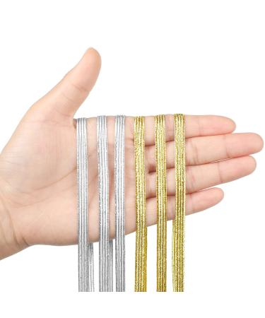2 Rolls Silver and Gold Elastic Bands for Sewing 1/4 Inch 6 mm by 20 Yard Glitter Braided Ribbon Flat Metallic Elastic Strap Elasticity Knit Cord for Crafting
