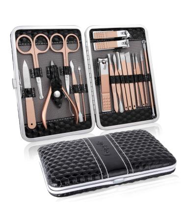 Manicure Set Professional Pedicure Kit Nail Clippers Kit - 18 pcs Nail Care Tools - Grooming Kit with Luxurious Upgraded Travel Case (Black)