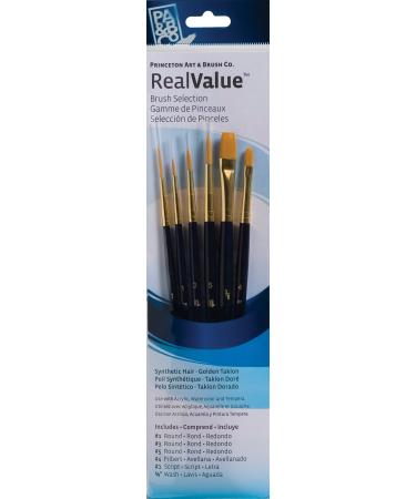 Princeton Real Value, Series 9100, Paint Brush Sets for Acrylic, Oil & Watercolor Painting, Syn-Gold Taklon (Rnd 1, 3, 5, Flb 4 Script, 1, Wash 3/8) Set-9132