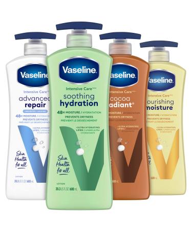 Vaseline Intensive Care Body Lotion for Women & Men - Ultra-Hydrating Lotion Set for Dry Skin Soothing Hydration/Advanced Repair/Cocoa Radiant/Essential Healing 20.3 Fl Oz Ea (4 Piece Set)