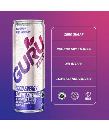 GURU ZERO SUGAR Wild Berry Organic Energy Drink with Plant Based Natural Caffeine from Green Tea Coconut Water Zero Added Sugars 140mg Caffeine Healthy Drinks 355mL (Pack of 24) - Buy Online on SooperMarket.com