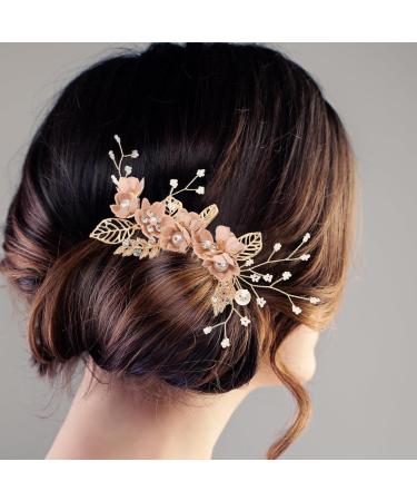 STOBOK Pack of 4 Vintage Gold Flower Pearl Hair Comb Crystal Hairpins Bridal Headpieces Wedding Hair Accessories for Women - Pink Flower - Buy Online on SooperMarket.com