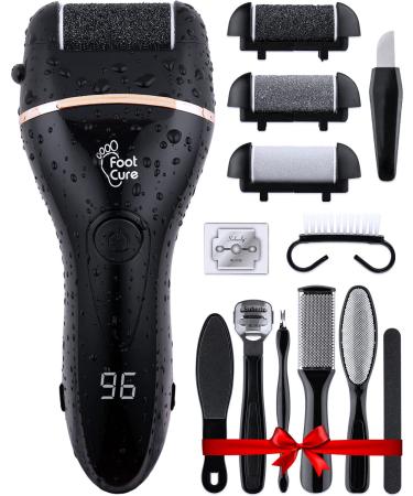 Electric Foot Callus Remover - Rechargeable Portable Electronic Foot File for Feet, Best Heel Shaver for Cracked Heels, Professional Pedicure Tool Kits, Foot Care for Dry Dead Skin, 3 Rollers - Black