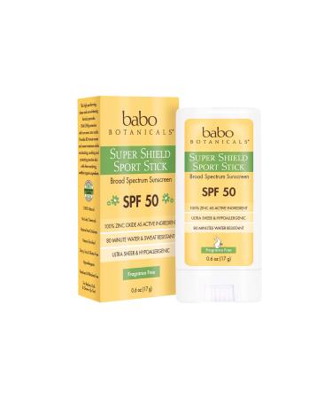 Babo Botanicals Super Shield Zinc Sport Stick Sunscreen SPF 50 with Soothing Organic Ingredients, Non-Nano, Fragrance Free, for Baby, Kids or Sensitive Skin, Yellow, Unscented, 0.6 Ounce 0.6 Ounce (Pack of 1)