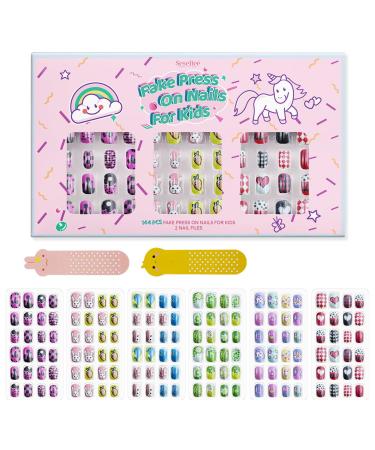 144Pcs Kids Press on Nails Children Girls Press on Short Artificial Fake Nails No fading Stable Quick Stick on Cute Pre Glue Full Cover Acrylic Nail Tip Kit Gift for Kids Nail Decoration (Dolphin) Halloween Style