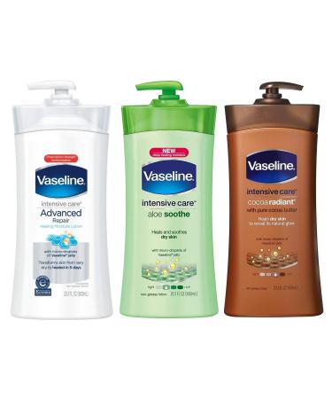 Vaseline Lotion Intensive Care 20.3 Ounce Variety Pack Advanced Repair Unscented Aloe Soothe Cocoa Radiant