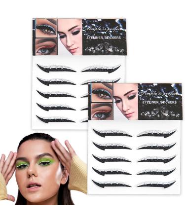 Glitter Eyeliner Stickers 10 Pairs Reusable Eyeliner Sticker with Crystal Waterproof Instant Adhesive Stick on Eyeliner for Dress Up Party Supplies (Silver) - Buy Online on SooperMarket.com