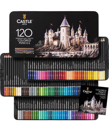 Castle Art Supplies 120 Colored Pencils Set | Quality Soft Core Colored Leads for Adult Artists, Professionals and Colorists | Protected and Organized in Presentation Tin Box Black