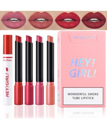 4Pcs Matte Lipstick Set 4 Colors Retro Red Tube Cigarette Lip Tint Lip Balm Velvet Moisturizer Smooth Lip Stain Long Lasting Waterproof Non-stick Cup Lip Makeup for Women Girls